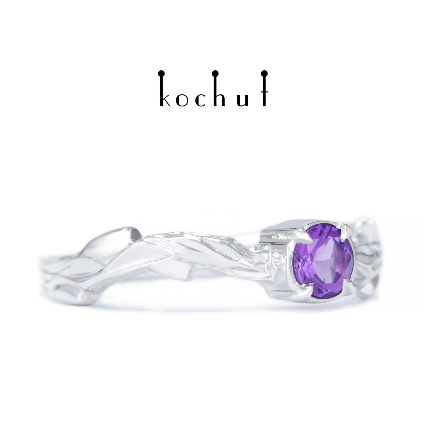 März Zweig — ein Ring aus Weißgold, plattiert mit weißem Rhodium und Amethyst