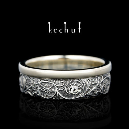 Harmonie der Natur — Ehering aus Weißgold und Silber, überzogen mit schwarzem Rhodium