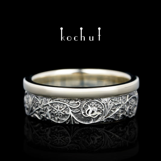 Harmonie der Natur — Ehering aus Weißgold und Silber, überzogen mit schwarzem Rhodium