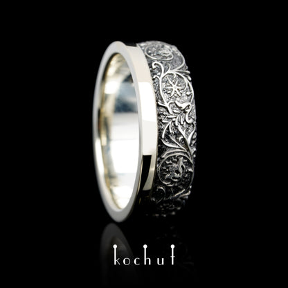 Harmonie der Natur — Ehering aus Weißgold und Silber, überzogen mit schwarzem Rhodium