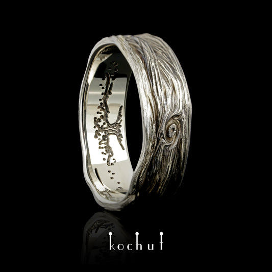 Das Auge des Waldes mit Baum des Lebens — Ring aus Weißgold, beschichtet mit schwarzem Rhodium
