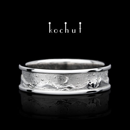Höhepunkte der Liebe: Sonne und Mond — Ehering aus Weißgold, überzogen mit weißem Rhodium
