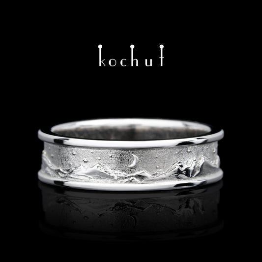 Höhepunkte der Liebe: Sonne und Mond — Ehering aus Weißgold, überzogen mit weißem Rhodium