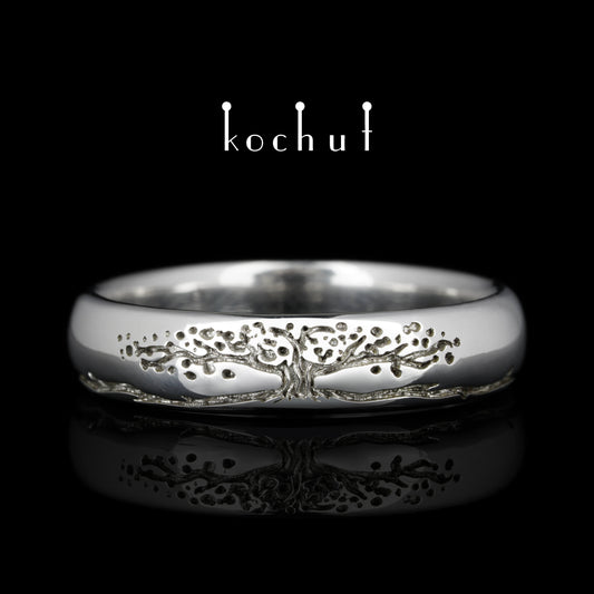 Baum des Lebens: Stiele — verengter Ring aus Silber, überzogen mit weißem Rhodium