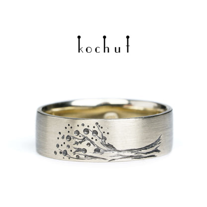 Lebensbaum: Halbe — Ehering aus Weißgold, überzogen mit schwarzem Rhodium