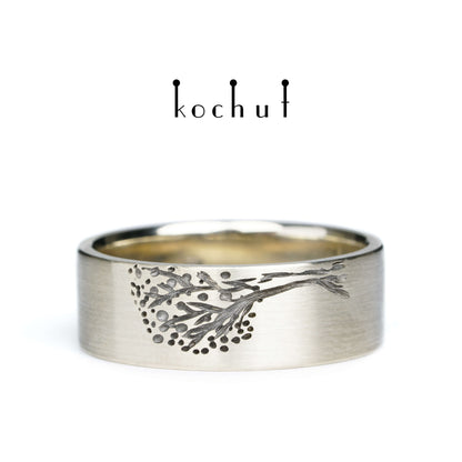 Lebensbaum: Halbe — Ehering aus Weißgold, überzogen mit schwarzem Rhodium