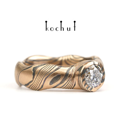 Polarlichter — Mokume-Ehering aus Rotgold und graviertem sowie oxidiertem Silber mit Diamant