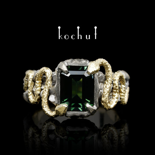 Verlockung — Ring aus Weiß- und Gelbgold mit Turmalin, überzogen mit schwarzem Rhodium