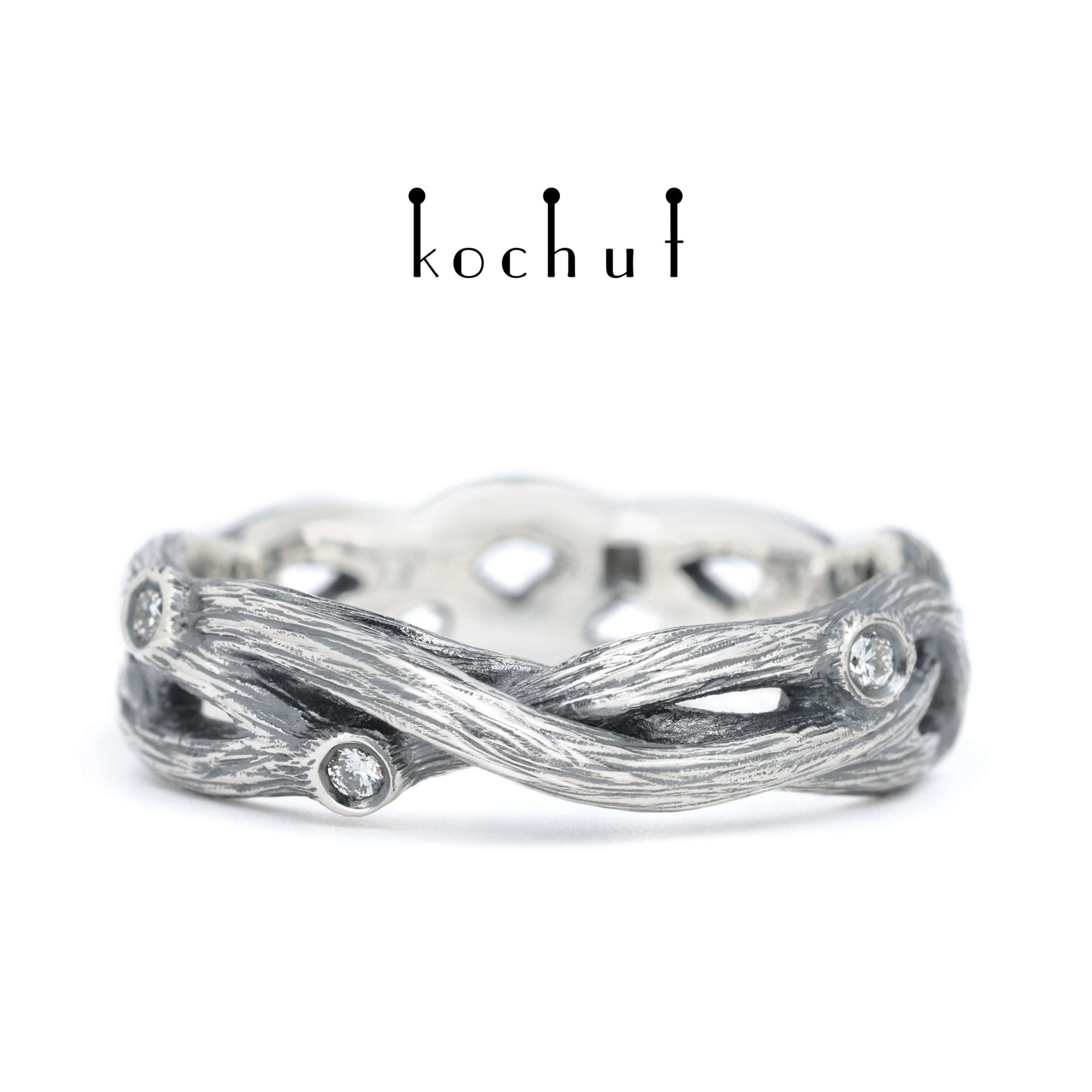 Wald-Möbius-Band — Ehering aus oxidiertem Silber mit Diamanten