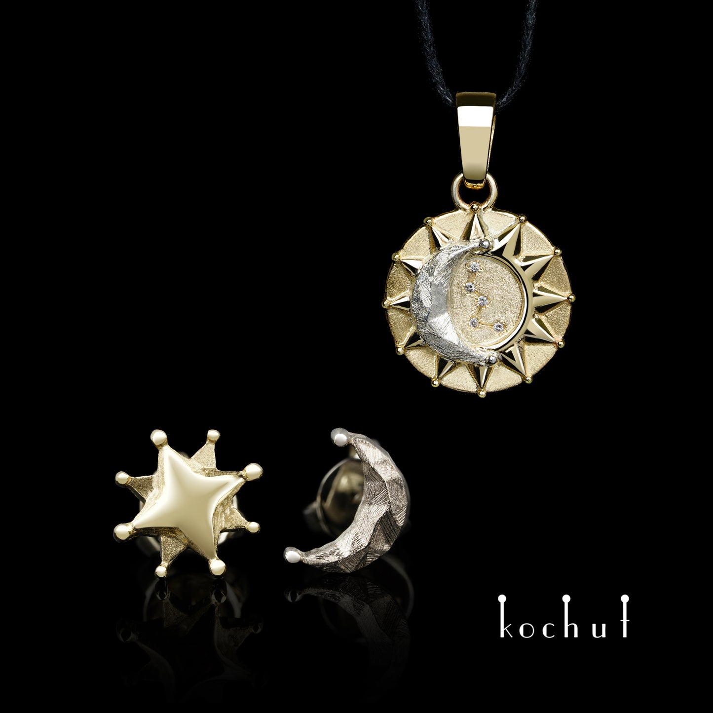 Sonne und Mond — Schmuckset aus Weißgold, Gelbgold und Silber mit Diamanten