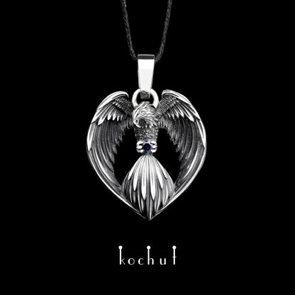 Phoenix — Anhänger aus oxidiertem Silber mit Saphir