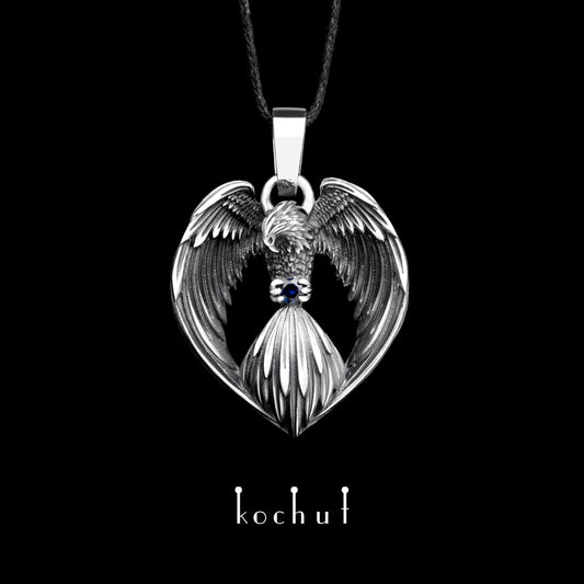 Phoenix — Anhänger aus oxidiertem Silber mit Saphir