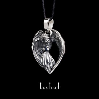 Phoenix — Anhänger aus oxidiertem Silber mit Saphir