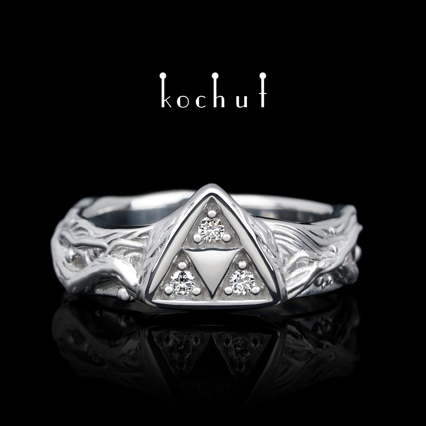Triforce — silberner Ring mit Diamanten, überzogen mit weißem Rhodium