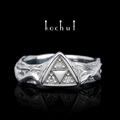 Triforce — silberner Ring mit Diamanten, überzogen mit weißem Rhodium
