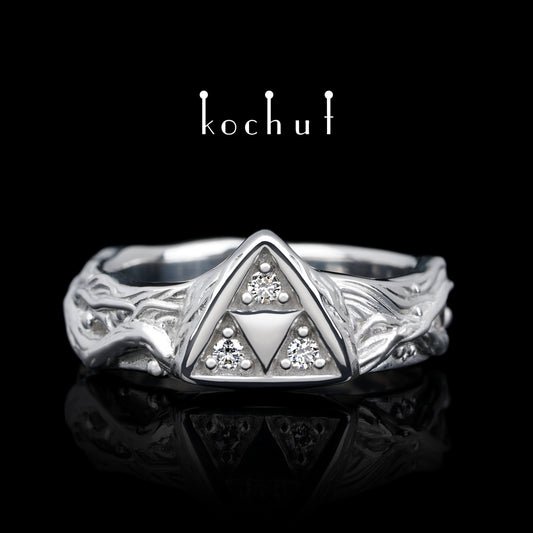 Triforce — silberner Ring mit Diamanten, überzogen mit weißem Rhodium