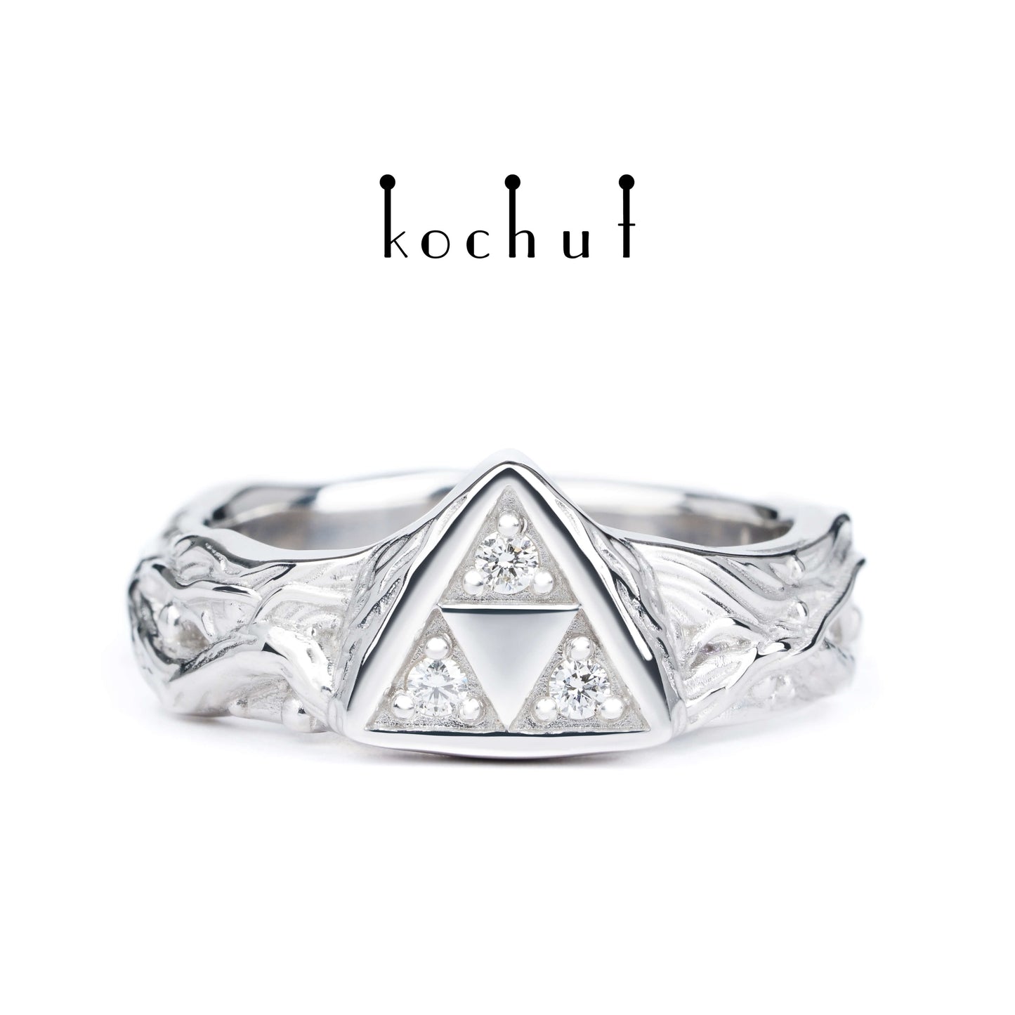 Triforce — silberner Ring mit Diamanten, überzogen mit weißem Rhodium