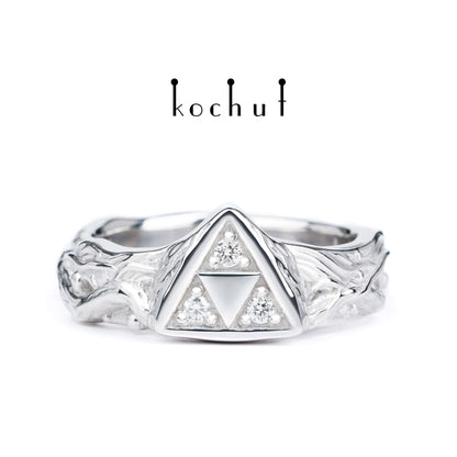 Triforce — silberner Ring mit Diamanten, überzogen mit weißem Rhodium