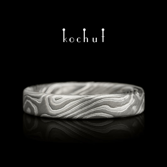 Kanso — Mokume-Ehering aus graviertem Silber und Palladium-Gold