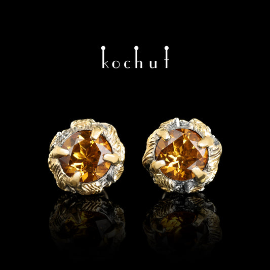 Sonniger Wald — Ohrringe aus oxidiertem Silber und Gelbgold mit Citrinen, vergoldet.