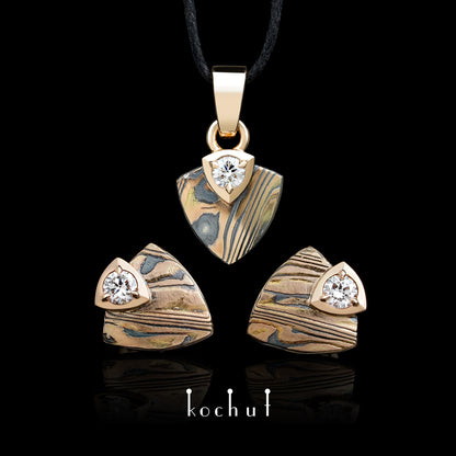 Seishi — Mokume-Schmuckset aus Rotgold, graviertem und oxidiertem Silber mit Diamanten