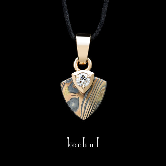Seishi — Mokume-Anhänger aus Rotgold, oxidiertem und geätztem Silber mit Diamant