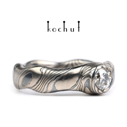 Polarlichter — Mokume-Ring aus Palladium-Gold und graviertem, oxidiertem Silber mit Diamant