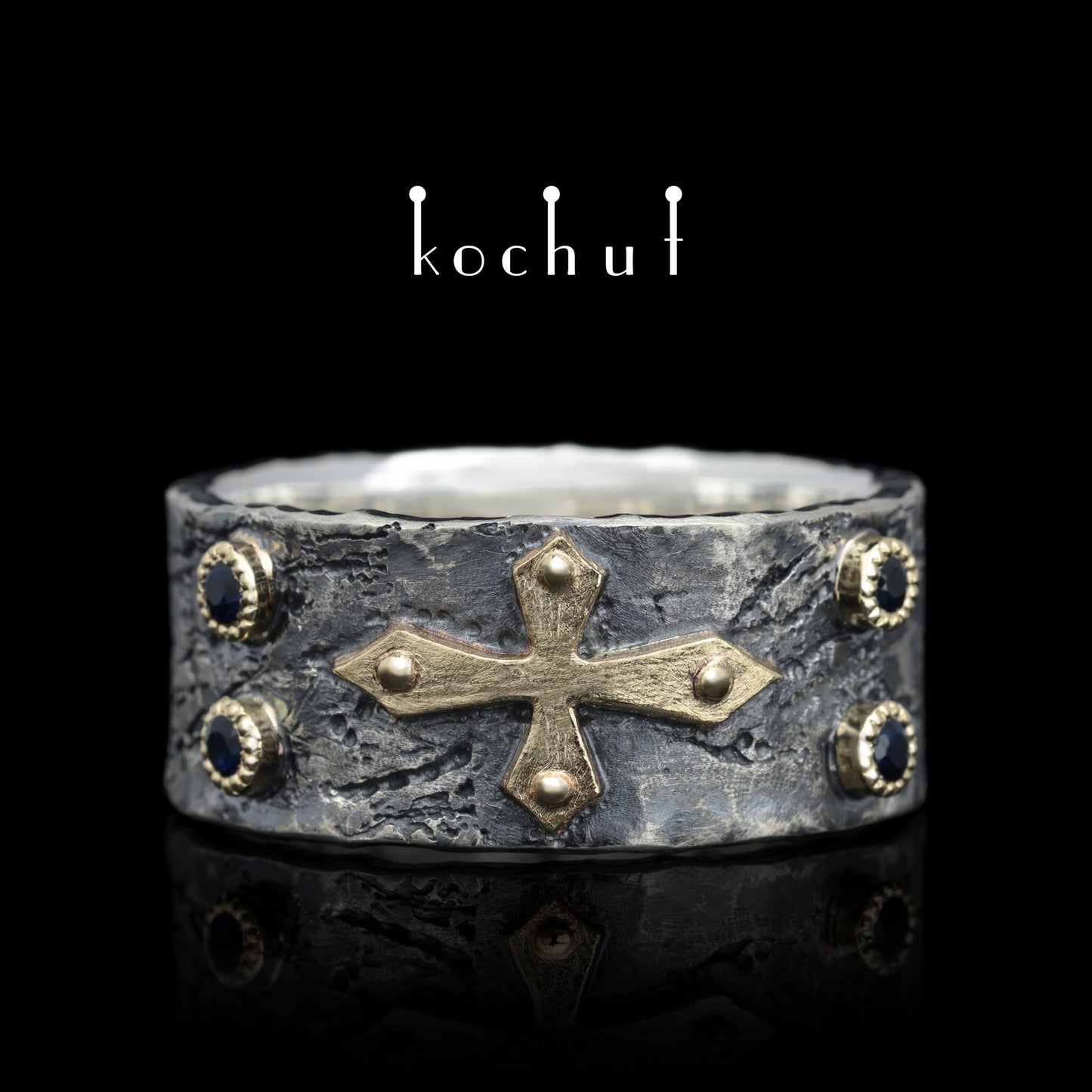 Fortune — Ring aus oxidiertem Silber und Gelbgold mit Saphiren