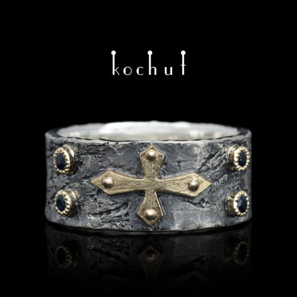 Fortune — Ring aus oxidiertem Silber und Gelbgold mit Saphiren