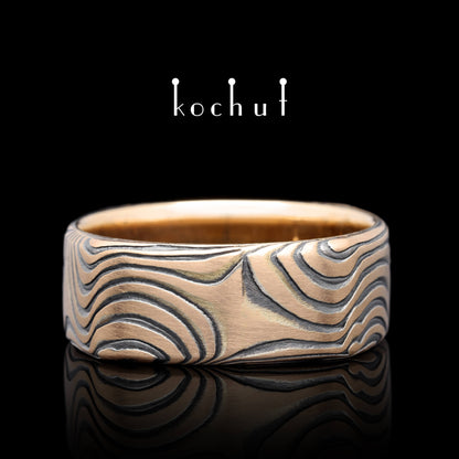 Tenno — Mokume-Ring aus Rotgold, graviertes und oxidiertes Silber