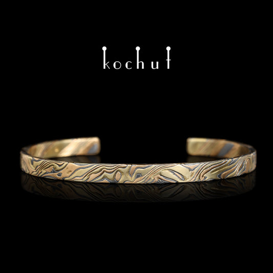 Kanso — Mokume-Armband aus Rot-, Gelb- und Weißgold sowie graviertem, oxidiertem Silber
