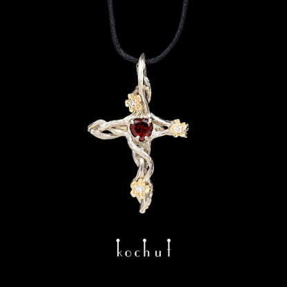 Herzgarten — Kreuz aus Weiß- und Gelbgold mit Granat und Diamanten