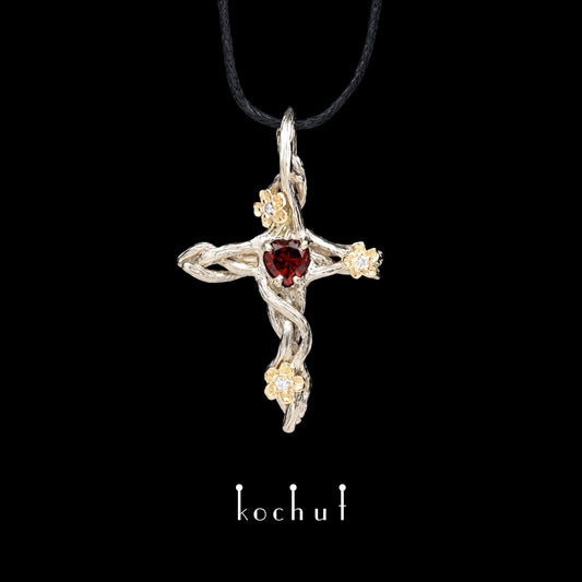 Herzgarten — Kreuz aus Weiß- und Gelbgold mit Granat und Diamanten