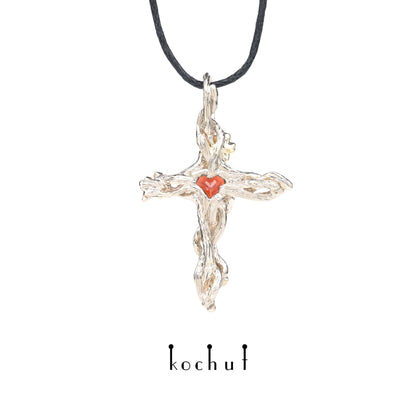 Herzgarten — Kreuz aus Weiß- und Gelbgold mit Granat und Diamanten