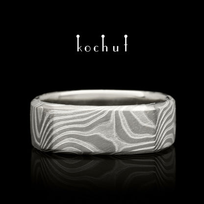 Tenno — Mokume-Ring aus Palladium-Gold, Weißgold und graviertem Silber