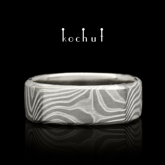 Tenno — Mokume-Ring aus Palladium-Gold, Weißgold und graviertem Silber