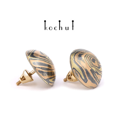 Whirlwind — Ohrringe aus Gelb-, Rotgold sowie graviertem und oxidiertem Silber