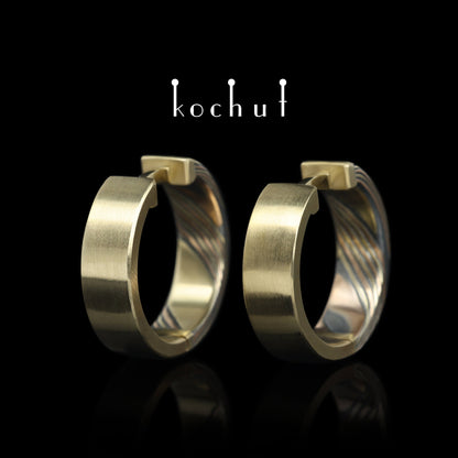 Yutori — Mokume-Ohrringe aus Rotgold, Gelbgold, graviertem und oxidiertem Silber