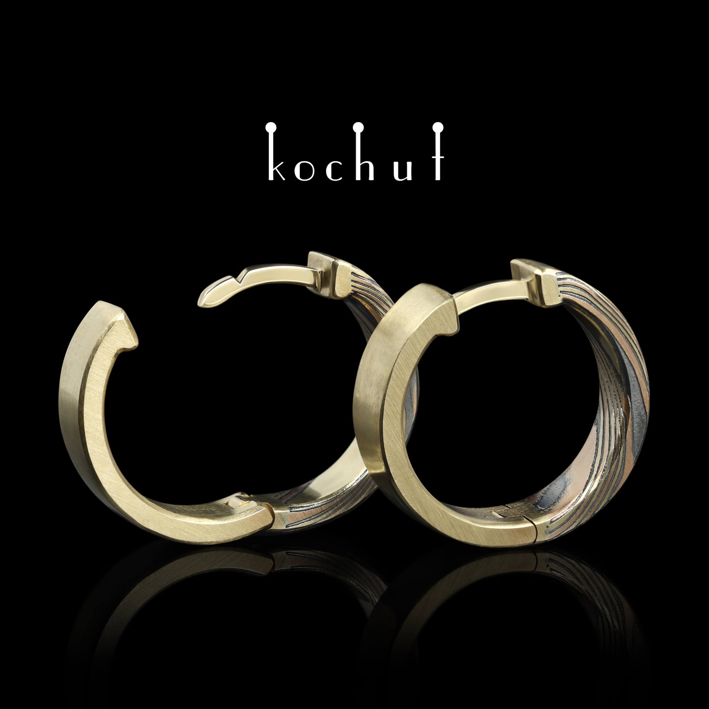 Yutori — Mokume-Ohrringe aus Rotgold, Gelbgold, graviertem und oxidiertem Silber