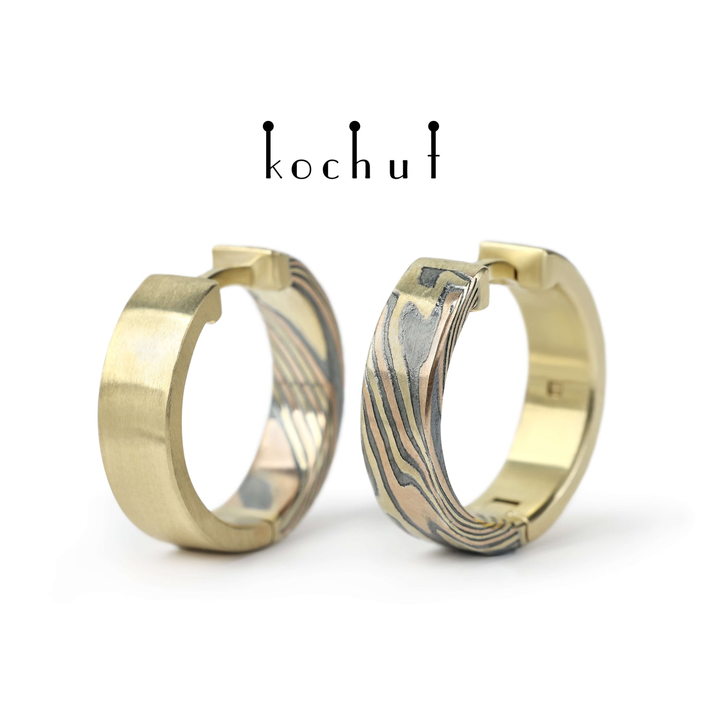 Yutori — Mokume-Ohrringe aus Rotgold, Gelbgold, graviertem und oxidiertem Silber