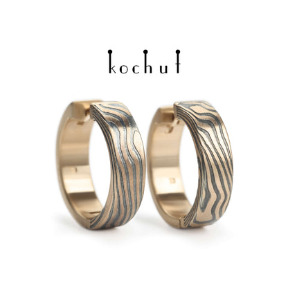 Yutori — Mokume-Ohrringe aus Rotgold, graviertes und oxidiertes Silber
