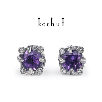 Verzauberter Wald — Ohrringe aus oxidiertem Silber mit Amethysten und Diamanten
