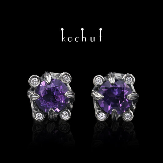 Verzauberter Wald — Ohrringe aus oxidiertem Silber mit Amethysten und Diamanten
