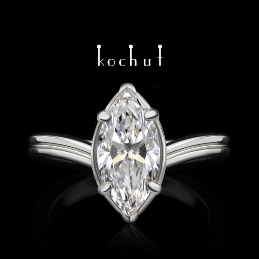 Arwen — Verlobungsring aus Weißgold mit einem Marquise-Schliff-Diamanten, plattiert mit weißem Rhodium